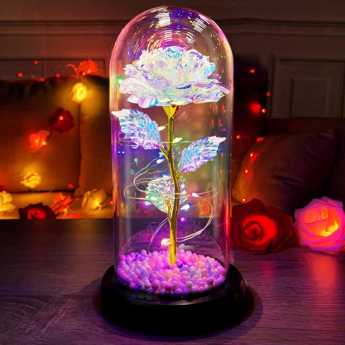 LED LAMP | Artificial Colorful Flower Rose Gift LED Light On Galaxy Rose In Glass Dome