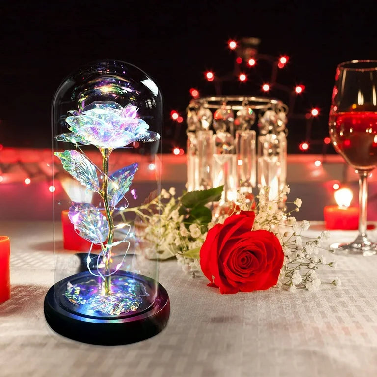 LED LAMP | Artificial Colorful Flower Rose Gift LED Light On Galaxy Rose In Glass Dome