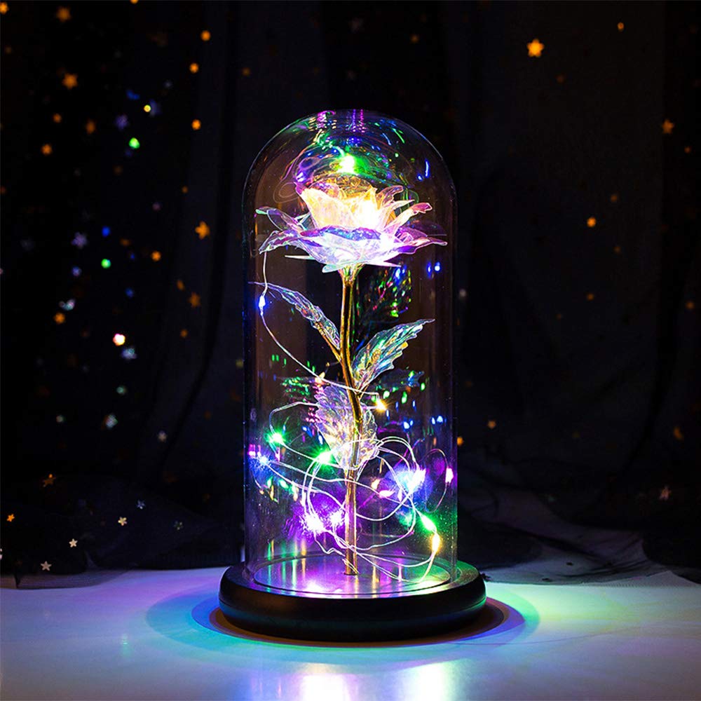 LED LAMP | Artificial Colorful Flower Rose Gift LED Light On Galaxy Rose In Glass Dome