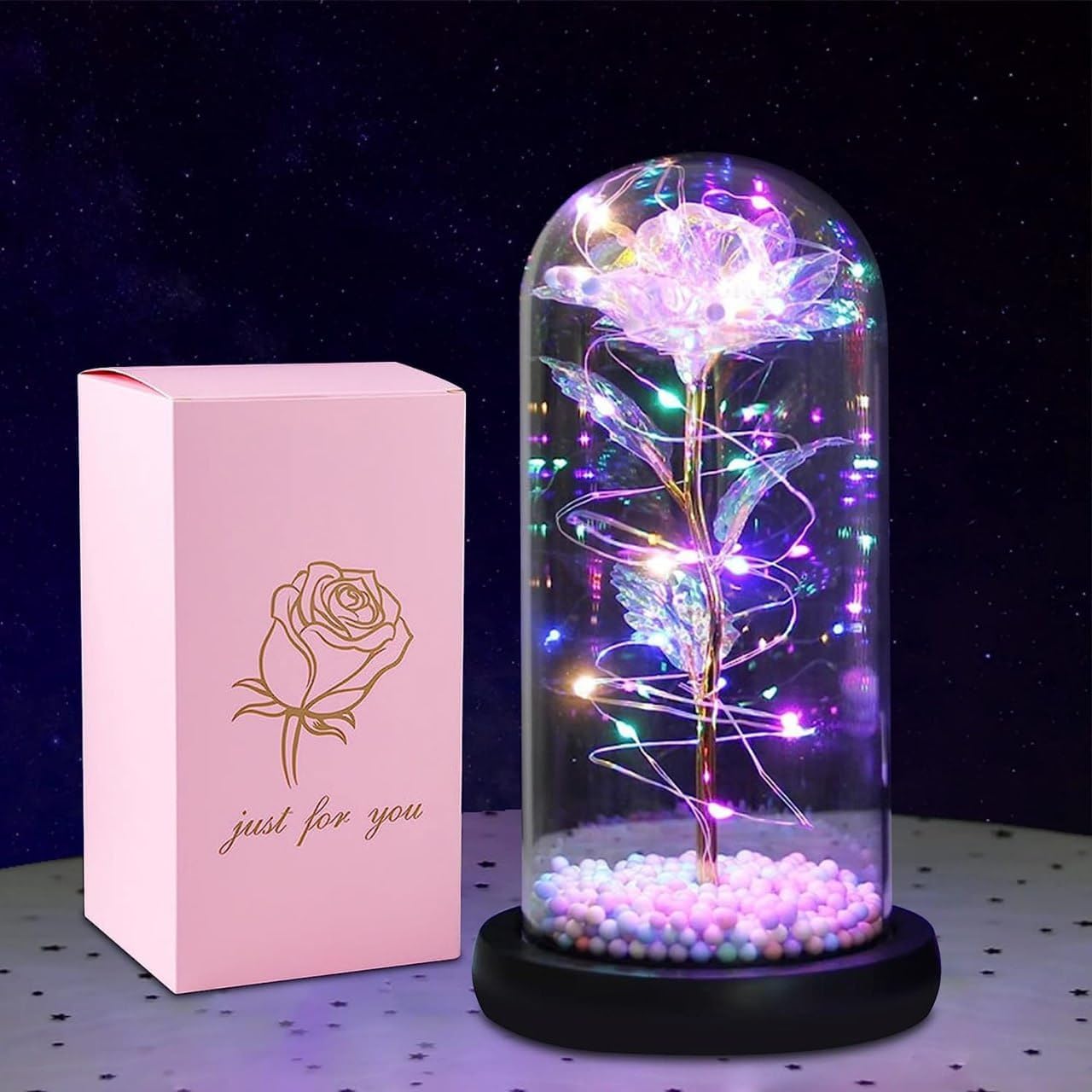 LED LAMP | Artificial Colorful Flower Rose Gift LED Light On Galaxy Rose In Glass Dome